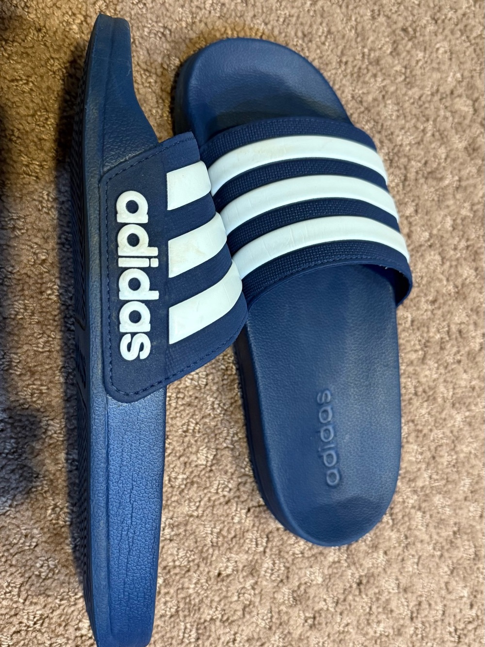 adidas Navy and White Slide Sandals with Three Stripes